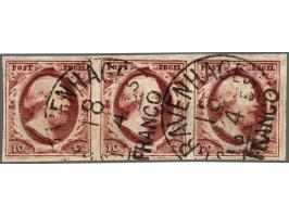 10 cent donkerrood plaat III pos. 38-40 in strip van 3, pracht ex.