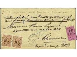 15 cent oranjebruin in paar op aangetekende envelop met aangegeven waarde van Rotterdam 6-5-1893 naar Antwerpen, pracht ex.