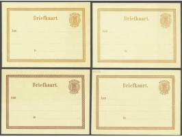 4 proeven Briefkaart 2½ cent met 4 tekstregels, van der Loo 12, in paarsbruin, oranje, roodbruin en geelroranje, pracht ex.