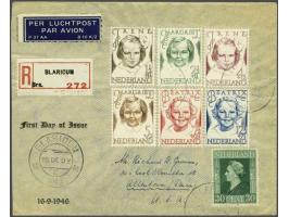 Prinsessenzegels 1½ cent t/m 12½ cent met 1e-dagstempel Blaricum 16-9-1946 op J. van Deth envelop naar USA, pracht ex., cat.w