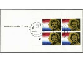 Fdc E173fa Juliana 70 jaar in hoekrandblok van 4 ex. op onbeschreven envelop met foutdruk weggevallen rood, blauw en oranje, 