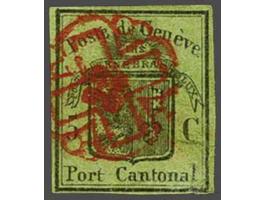 Geneva Large Eagle 5 centimes black on olive green (Zst. no. 6) neatly cancelled with Geneva Rosette in red, fine with 2020 J