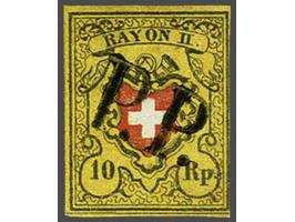 Rayon II 10 rappen black and red on yellow printing stone A1 type 6 (Zst. 16 IIf), fine/very fine with 1961 Hunziker certific