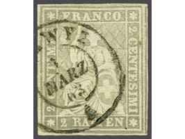 Strubel 2 rappen grey Bern printing with green silk thread (Zst. no. 21G), very fine, cat.v. CHF 700