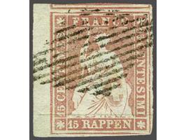 Strubel 15 rappen rose 1st Munich printing with green silk thread, sheet margin and part neighbouring stamp at top, extremely